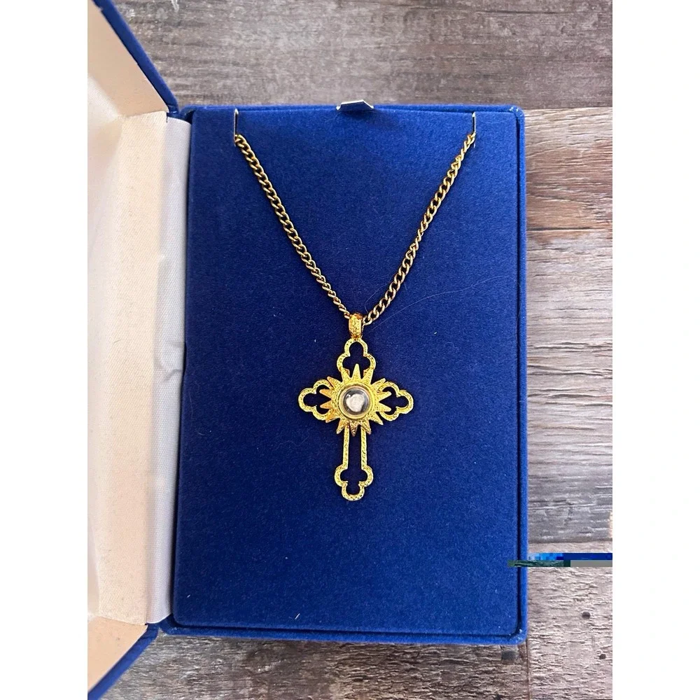Gold Tone Cross Charm Pendant Cable Chain Necklace Boxed Bethlehem Sourced